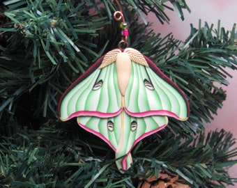 Luna Moth Ornament, Christmas Tree Decoration, Green Pink Beige, Polymer Clay, Unique Womens Gift, Nature Inspired, Entomologist Gift