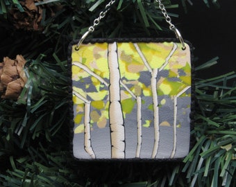 Yellow Aspen Tree Ornament, Forest Landscape Scene, Yellow White Gray, Polymer Clay, Original Art, Unique Christmas Gift, Birch Trees