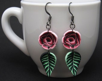 Graphic Rose Leaf Earrings, Flower Dangle Earrings, Pink Black White & Green, Polymer Clay, Floral Nature Jewelry, Unique Womens Gift