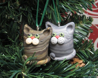 Cartoon Cat Ornament, Christmas Tree Decoration, Polymer Clay, Hand Sculpted, Chubby Kitty, Pet Lover Gift, Christmas Gift, Siamese / Tabby