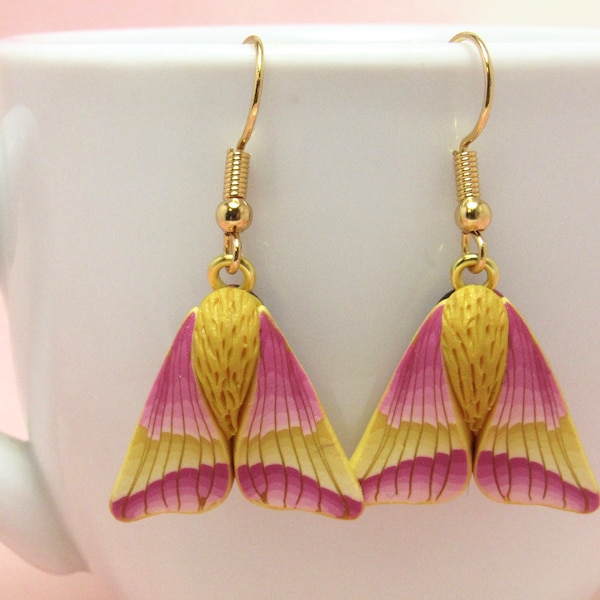 Rosy Maple Moth Dangle Earrings, Yellow Pink, Polymer Clay, Realistic Nature Jewelry, Unique Women's Gift, Bug Lover Gift, Entomologist