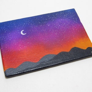 Starry Mountain Sunset, Miniature Painting, Mini Canvas Landscape, Alcohol Ink, Acrylic Painting, Blue Purple Red, Night Sky Scene, ACEO image 2