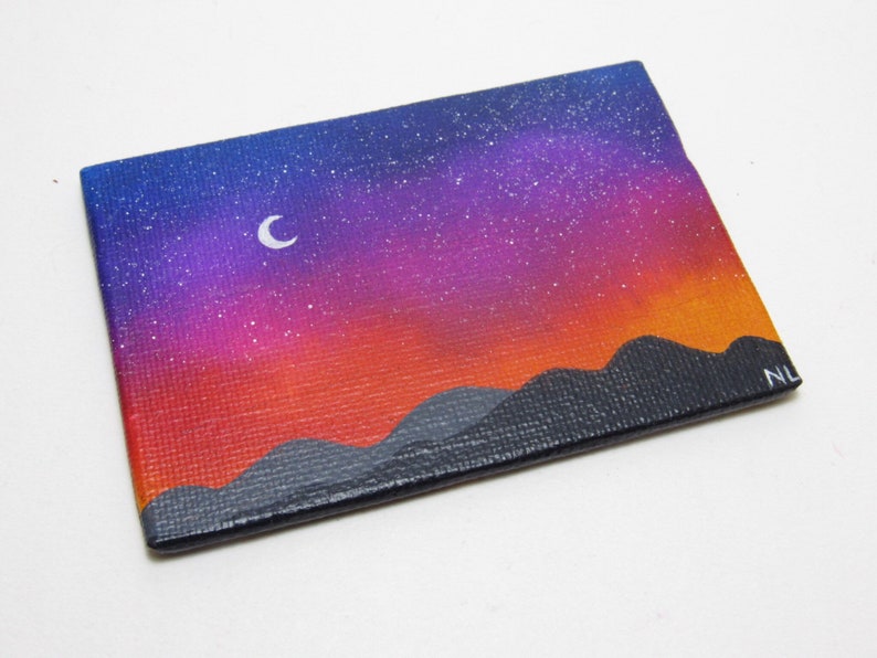 Starry Mountain Sunset, Miniature Painting, Mini Canvas Landscape, Alcohol Ink, Acrylic Painting, Blue Purple Red, Night Sky Scene, ACEO image 2