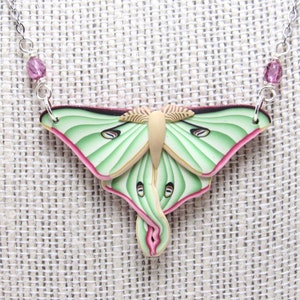 Luna Moth Pendant, Beaded Necklace, Green Pink Beige, Polymer Clay, Realistic Nature Jewelry, Unique Womens Gift, Bug Lover Gift