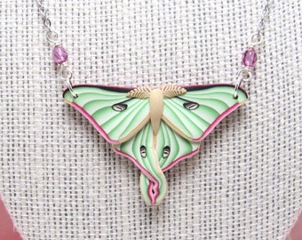 Luna Moth Pendant, Beaded Necklace, Green Pink Beige, Polymer Clay, Realistic Nature Jewelry, Unique Womens Gift, Bug Lover Gift