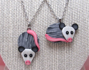 Opossum Pendant Necklace, Black White Gray & Pink, Polymer Clay, Nature Inspired, Cute Animal Jewelry, Unique Womens Gift, Possum