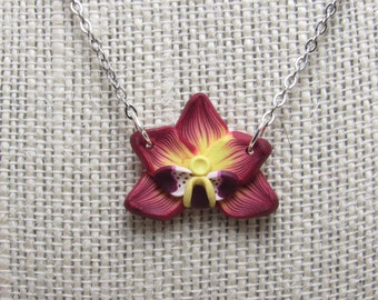 Moth Orchid Pendant Necklace, Burgundy Yellow, Polymer Clay, Floral Nature Jewelry, Statement Piece, Unique Womens Gift, Phalaenopsis Flower