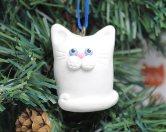 White Cat Christmas Tree Ornament Hand Sculpted in Polymer Clay