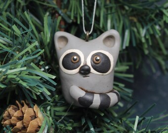 Raccoon Christmas Tree Ornament Hand Sculpted in Polymer Clay