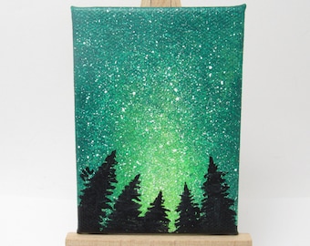 Green Galaxy Mini Painting, Night Sky Scene, Tree Silhouette, Green Black, Nature Landscape, Original Art, Acrylic on Canvas Board, ACEO