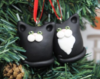 Tuxedo Cat Christmas Tree Ornament Hand Sculpted in Polymer Clay