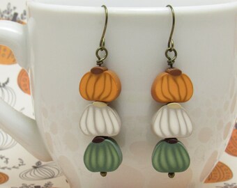 Tricolor Pumpkin Dangle Earrings, Orange White Green, Autumn Fall Jewelry, Polymer Clay, Unique Womens Gift, Lightweight Earrings