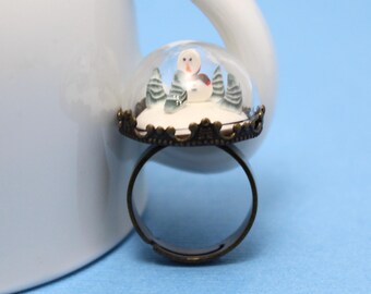 Faux Snowglobe Cocktail Ring in Polymer Clay with Snowman and Trees