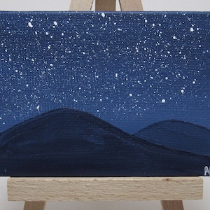 Mini pittura di montagna stellata, scena del cielo notturno, paesaggio di Asheville, blue ridge mountains, arte originale, tela acrilica, arredamento in miniatura