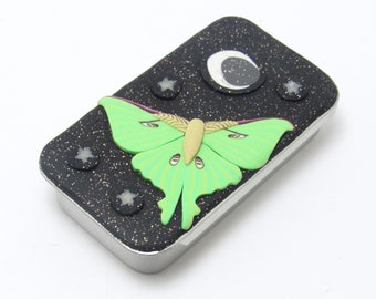 Moon Moth Tin, Night Sky Scene, Black & Green, Polymer Clay Cane, Craft Supply Holder, Pill Organizer Case, Unique Womens Gift