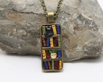 Bookshelf Pendant Necklace in Multi Colored Polymer Clay