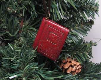 Book Ornament, Faux Leather, Red or Green, Christmas Tree Decoration, Polymer Clay, Hand Sculpted, Stocking Stuffer, Unique Teacher Gift