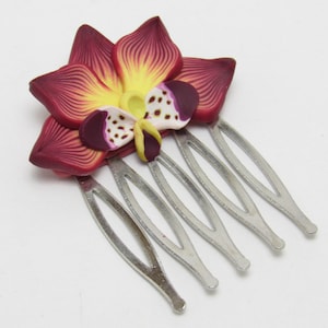 Moth Orchid Hair Comb, Burgundy & Yellow, Flower Barrette, Floral Accessory, Polymer Clay, Nature Inspired, Unique Women Gift, Phalaenopsis