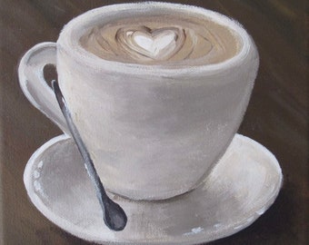 Coffee Cup Painting, Kitchen Decor, Original Art, Acrylic Canvas, Brown White Tan, 8x8 Square, Small Painting, Unique Wall Art