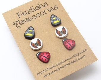 Bug Stud Earrings, Insect Post Earrings, Bumblebee Butterfly Ladybug, Red Yellow Black, Polymer Clay, Unique Womens Gift