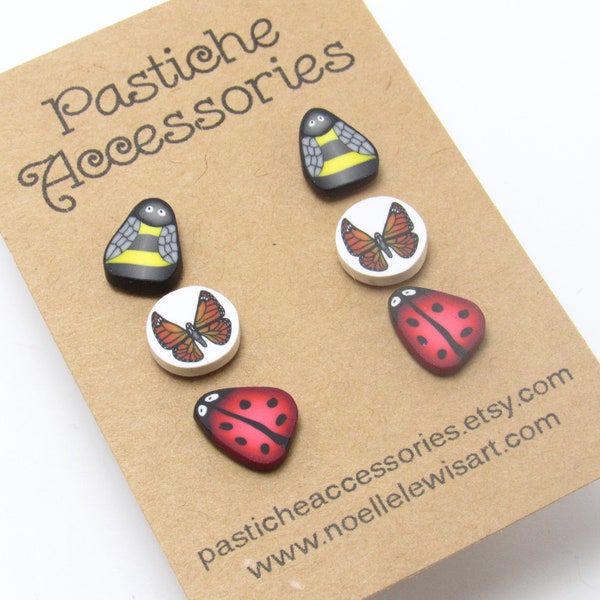 Bug Stud Earrings, Insect Post Earrings, Bumblebee Butterfly Ladybug, Red Yellow Black, Polymer Clay, Unique Womens Gift