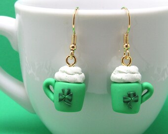 Irish Coffee Dangle Earrings, Green White Shamrock Mugs, St Patricks Day, Polymer Clay, Hand Sculpted, Mini Food Jewelry, Coffee Lover Gift