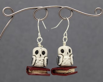 Owl and Book Dangle Earrings in White & Red Polymer Clay