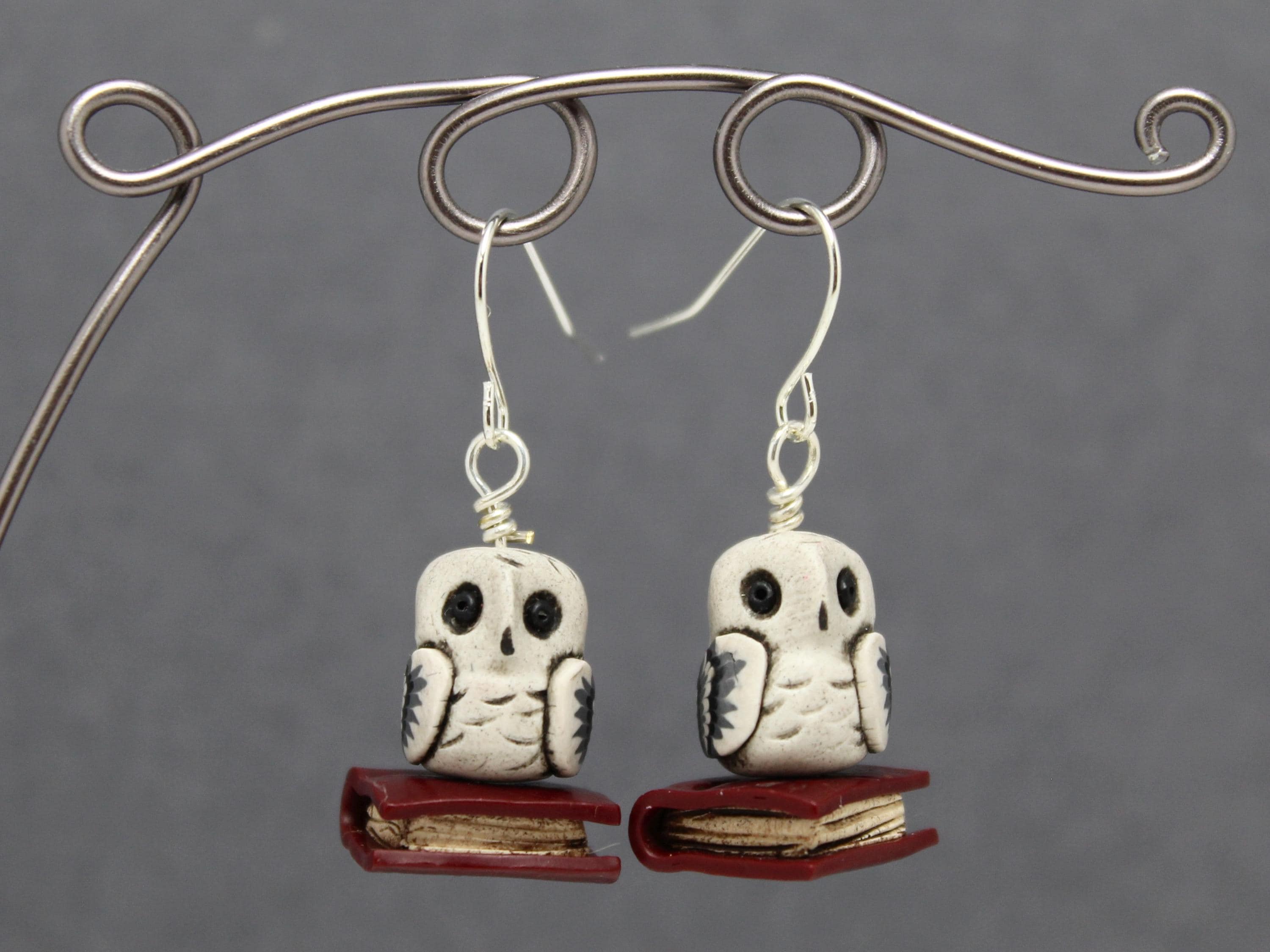 Owl and Book Dangle Earrings in White & Red Polymer Clay