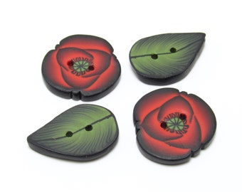 Handmade Poppy & Leaf Buttons, Flower Button Set, Red  Green Black, Polymer Clay Cane, Accent Button, Sewing Supply, Knit Crochet Gift