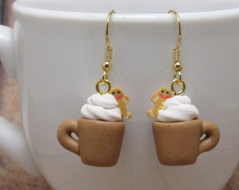 Seconds Sale -Gingerbread Latte Dangle Earrings, Brown & White, Christmas Mugs, Polymer Clay, Hand Sculpted, Mini Food Jewelry, Coffee Gift