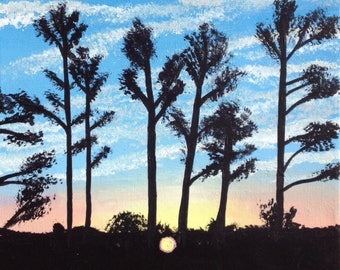 Sunrise Silhouette Painting, Cloudy Tree Scene, Blue Pink Yellow, Original Art, Acrylic on Canvas, 11x14, Medium Wall Decor, North Carolina
