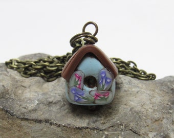 Birdhouse Charm Necklace, Blue Brown , Polymer Clay, Floral Spring Jewelry, Mini Miniature Pendant, Unique Womens Gift, Bird Birder Gift