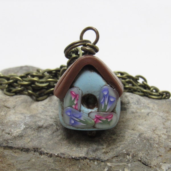 Birdhouse Charm Necklace, Blue Brown , Polymer Clay, Floral Spring Jewelry, Mini Miniature Pendant, Unique Womens Gift, Bird Birder Gift