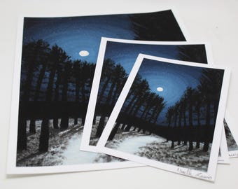 Winter Night Giclee Print, Moonlit Snow Landscape Scene, Blue Black, Night Sky Silhouette, Original Acrylic Painting, Archival Fine Art