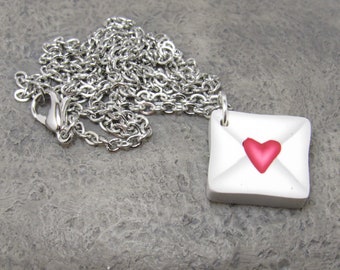 Love Letter Necklace, Envelope Pendant, Heart Jewelry, Romantic Gift for Her, Valentine's Day, White & Red, Polymer Clay, Monogram Charm