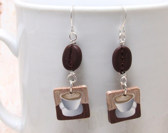 Cafe Dangle Earrings, Coffee Cup & Bean, Latte Art, Brown White, Polymer Clay Cane, Unique Womens Gift, Caffeine Lover Gift, Food Jewelry