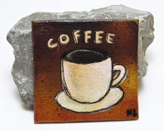 Coffee Magnet, Mini Canvas Painting, Mixed Media Art, Alcohol Ink & Acrylic Paint, Brown White Tan, Kitchen Decor, Home Refrigerator Magnet,