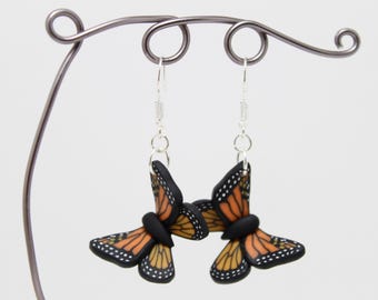 Monarch Butterfly Dangle Earrings, Black Orange & White, Polymer Clay, Realistic Nature Jewelry, Unique Womens Gift, Lightweight Earrings