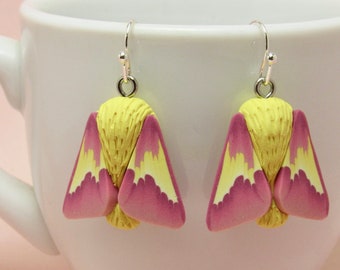 Rosy Maple Moth Dangle Earrings, Yellow Pink, Polymer Clay, Realistic Nature Jewelry, Unique Women's Gift, Bug Lover Gift, Entomologist