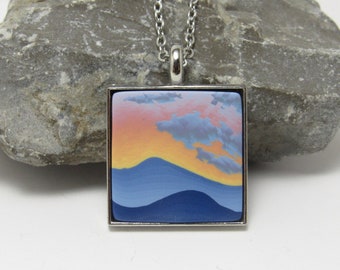 Mountain Sunset Necklace, Landscape Scene Pendant, Blue Pink Yellow, Polymer Clay, Art Jewelry, Unique Women's Gift, Asheville Inspired