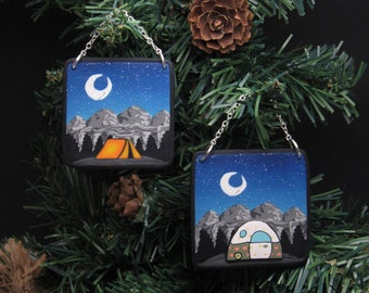 Camping Scene Ornament, Tent Camper Landscape, Christmas Decoration, Night Sky Scene, Blue Gray, Polymer Clay, Original Art, Unique Gift