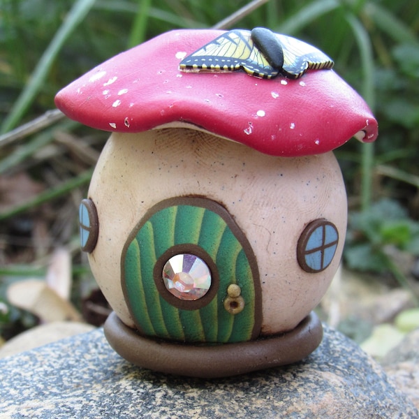 Round Mushroom Fairy House, Miniature Figurine, Red Beige, Multi Color, Polymer Clay, Unique Fantasy Gift, Shelf Decor, Garden Accessory