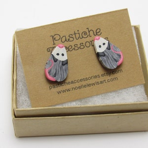 Simple Opossum Stud Earrings, Possum Posts, Black White Gray & Pink, Polymer Clay, Nature Inspired, Wildlife Jewelry, Unique Womens Gift image 6