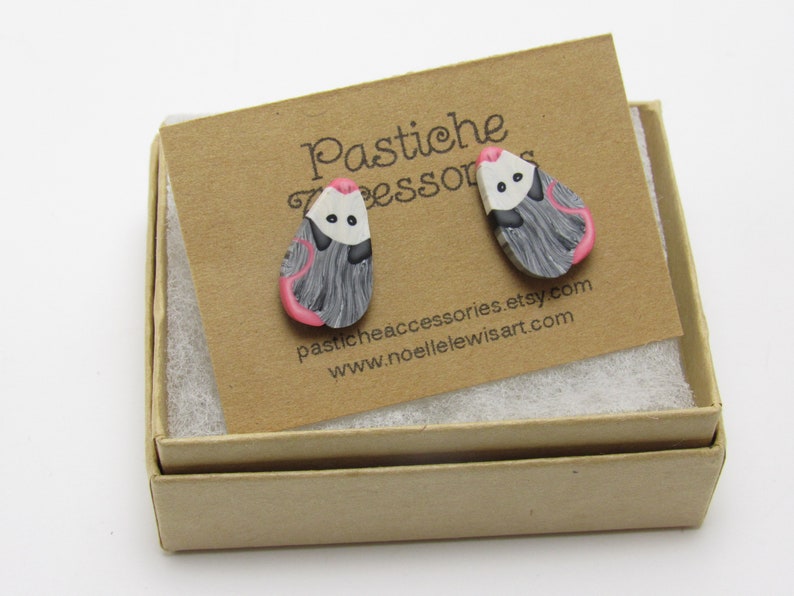 Simple Opossum Stud Earrings, Possum Posts, Black White Gray & Pink, Polymer Clay, Nature Inspired, Wildlife Jewelry, Unique Womens Gift image 6