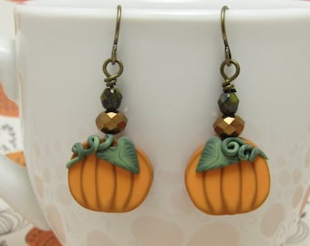 Beaded Pumpkin Dangle Earrings, Orange Green Bronze, Autumn Fall Jewelry, Polymer Clay Cane, Unique Womens Gift, Lightweight Earrings