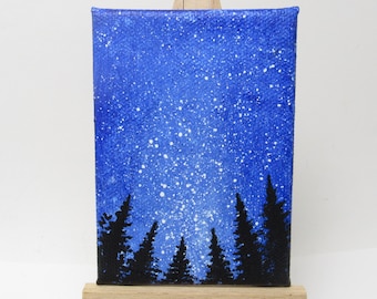 Blue Galaxy Mini Painting, Night Sky Scene, Tree Silhouette, Blue Black, Nature Landscape, Original Art, Acrylic on Canvas Board, ACEO