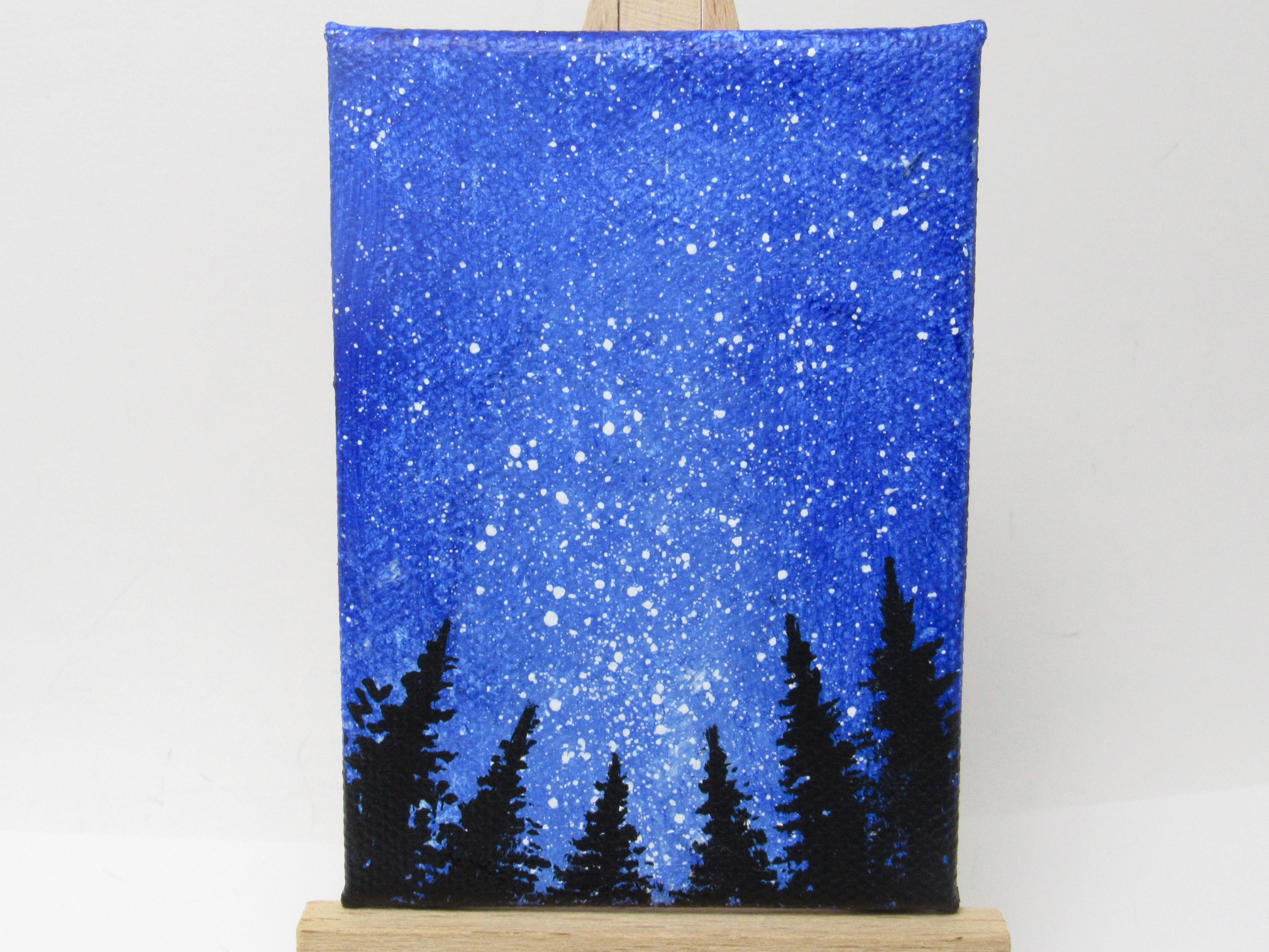 Blue Galaxy Mini Painting, Night Sky Scene, Tree Silhouette, Blue