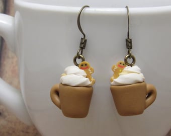 Gingerbread Latte Dangle Earrings, Brown & White, Christmas Coffee Mugs, Polymer Clay, Hand Sculpted, Mini Food Jewelry, Coffee Lover Gift