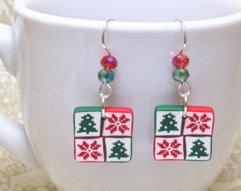 Christmas Sweater Earrings, Faux Knit Dangles, Red Green White, Polymer Clay, Unique Women's Jewelry, Christmas Gift, Winter Tree Poinsettia