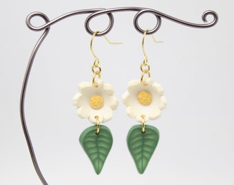 Daisy Dangle Earrings, Flowers & Leaves, White Yellow Green, Polymer Clay, Floral Nature Jewelry, Unique Womens Gift, Spring Accessory